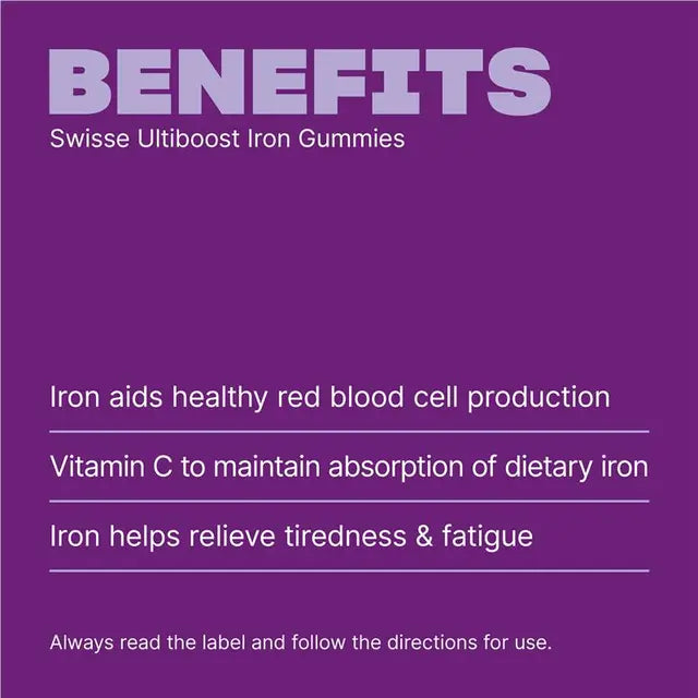 Swisse Ultiboost Iron Gummies 50 Pack – 10mg Iron + Vitamin C | Energy & Fatigue Support | 99% Sugar-Free Blackberry Flavor