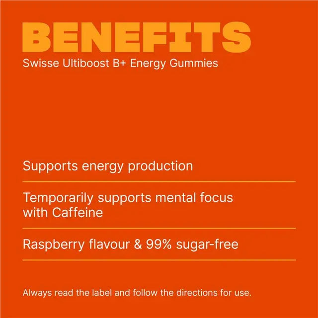 Swisse Ultiboost B+ Energy Gummies 50 Pack β Focus, Energy & Mental Alertness | Raspberry Flavour | 99% Sugar-Free