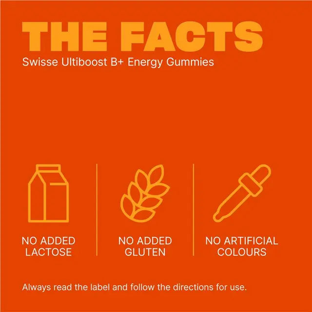 Swisse Ultiboost B+ Energy Gummies 50 Pack β Focus, Energy & Mental Alertness | Raspberry Flavour | 99% Sugar-Free