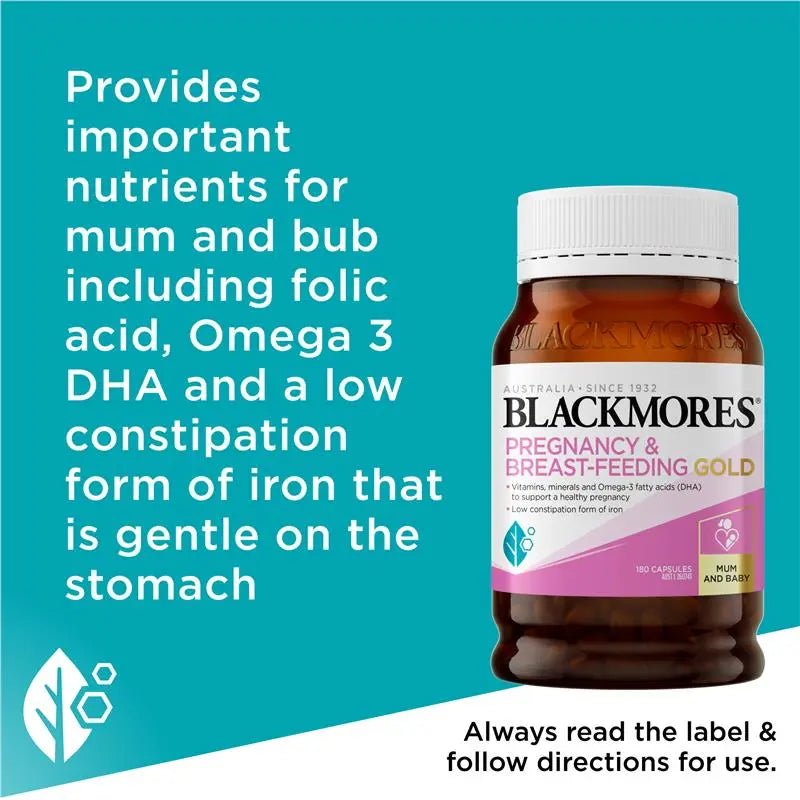 Blackmores Pregnancy & Breastfeeding Gold 180 Caps – DHA, Iron, Folic Acid