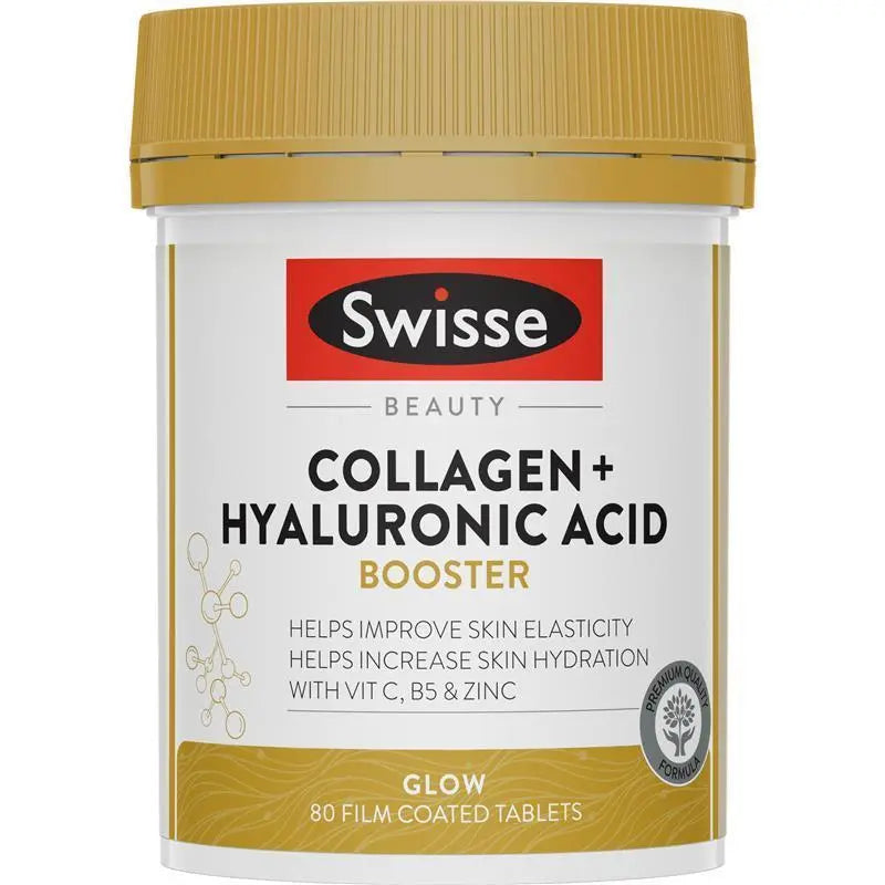 Swisse Collagen + Hyaluronic Acid Booster 80 Tablets | Skin Hydration & Glow