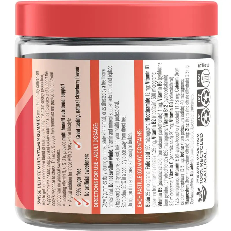 Swisse Ultivite Multivitamin Gummies 60 Pack β Energy, Immune & Bone Support | 99% Sugar-Free Strawberry Flavor