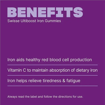 Swisse Ultiboost Iron Gummies 50 Pack – 10mg Iron + Vitamin C | Energy & Fatigue Support | 99% Sugar-Free Blackberry Flavor