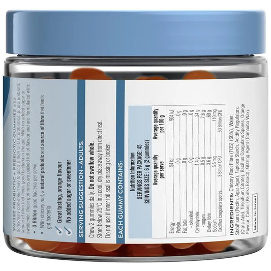 Swisse Adult Probiotic + Prebiotic Gummies 90 Pack – Gut Health Support | Vegan | 3 Billion CFU | No Added Sugar