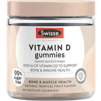 Swisse Ultiboost Vitamin D Gummies 60 Pack – Immune, Bone & Calcium Support | 99% Sugar-Free | Tropical Fruit Flavour