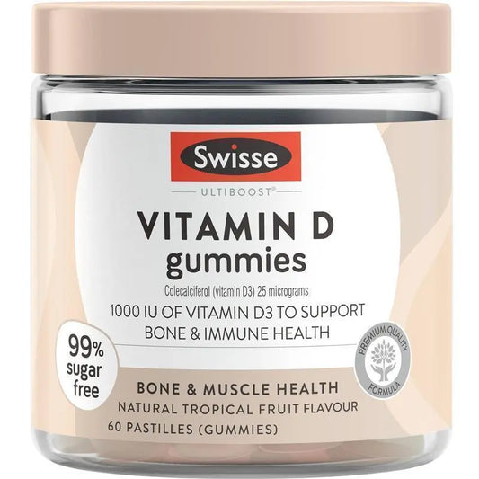 Swisse Ultiboost Vitamin D Gummies 60 Pack – Immune, Bone & Calcium Support | 99% Sugar-Free | Tropical Fruit Flavour