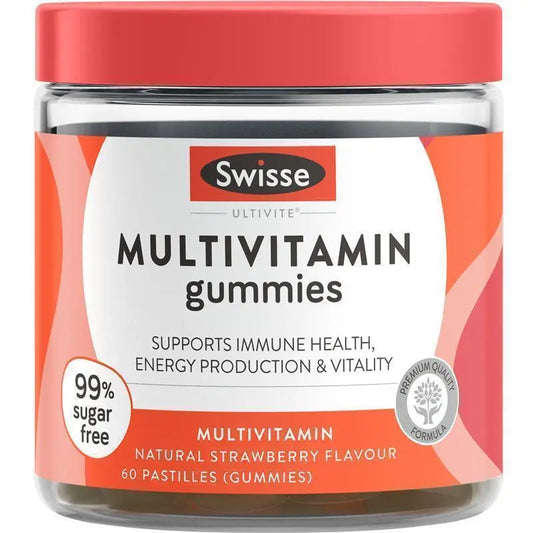 Swisse Ultivite Multivitamin Gummies 60 Pack – Energy, Immune & Bone Support | 99% Sugar-Free Strawberry Flavor