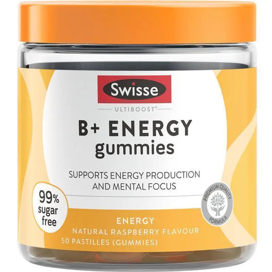 Swisse Ultiboost B+ Energy Gummies 50 Pack – Focus, Energy & Mental Alertness | Raspberry Flavour | 99% Sugar-Free