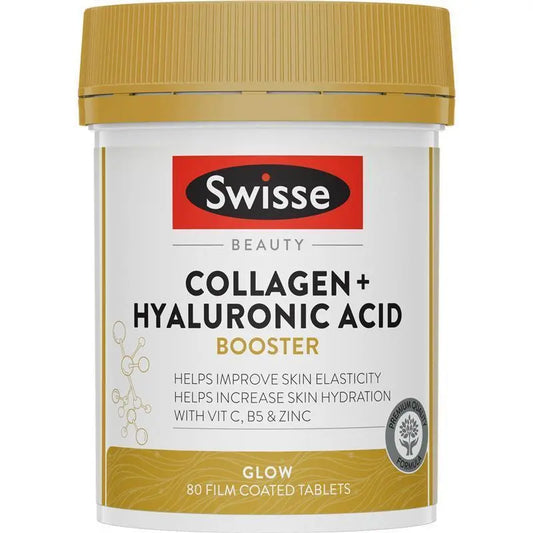 Swisse Collagen + Hyaluronic Acid Booster 80 Tablets | Skin Hydration & Glow
